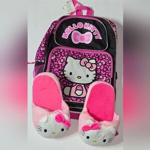 NWT Black and Pink Hello Kitty Backpack with Slippers House Shoes